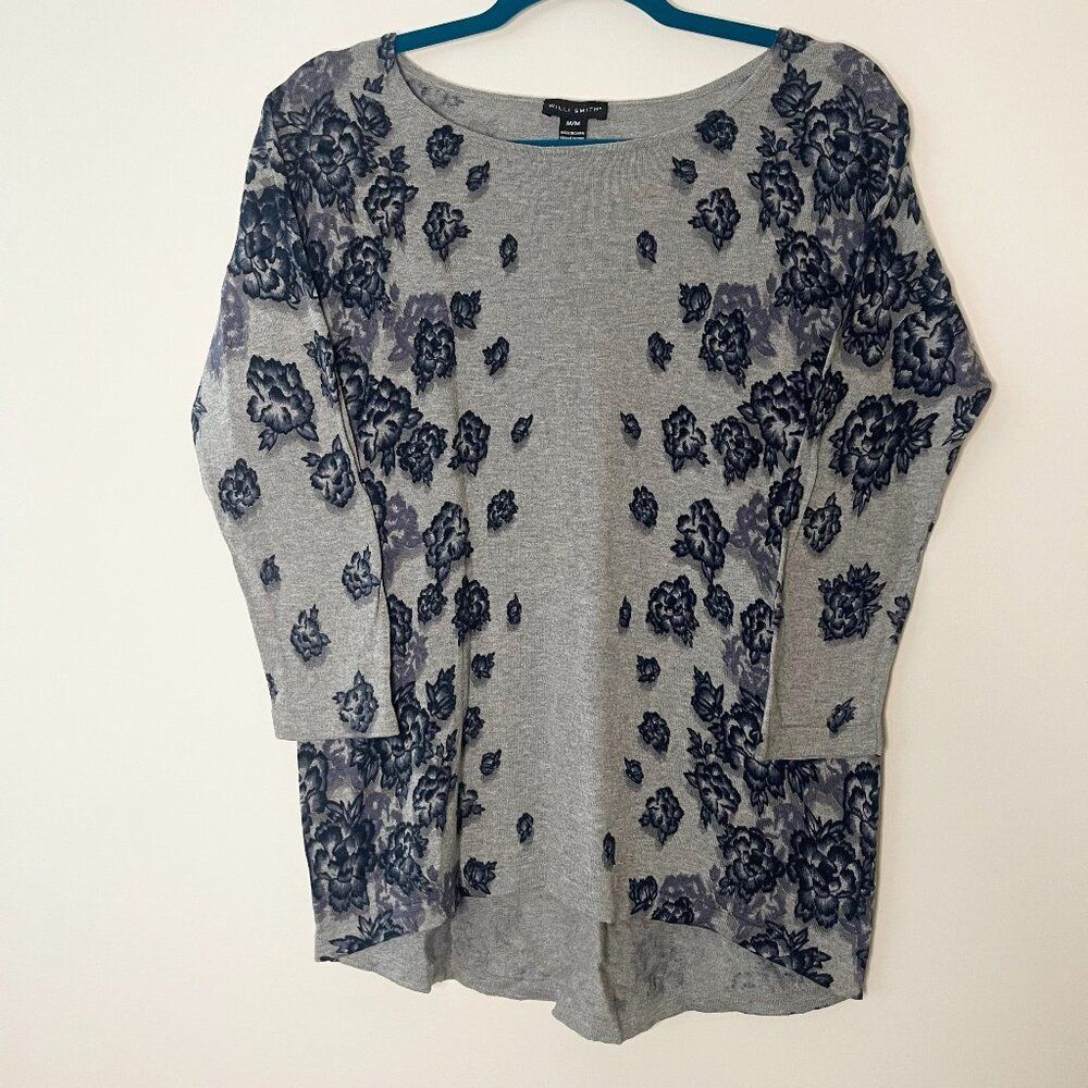 Willi Smith Floral Sweater Women Medium Gray Blue 3/4 Sleeve Knit Top - Size M